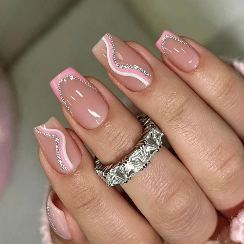 48Pcs Silver Line Rhinestone French Press on Nails, Short Square Pink Fake Nails