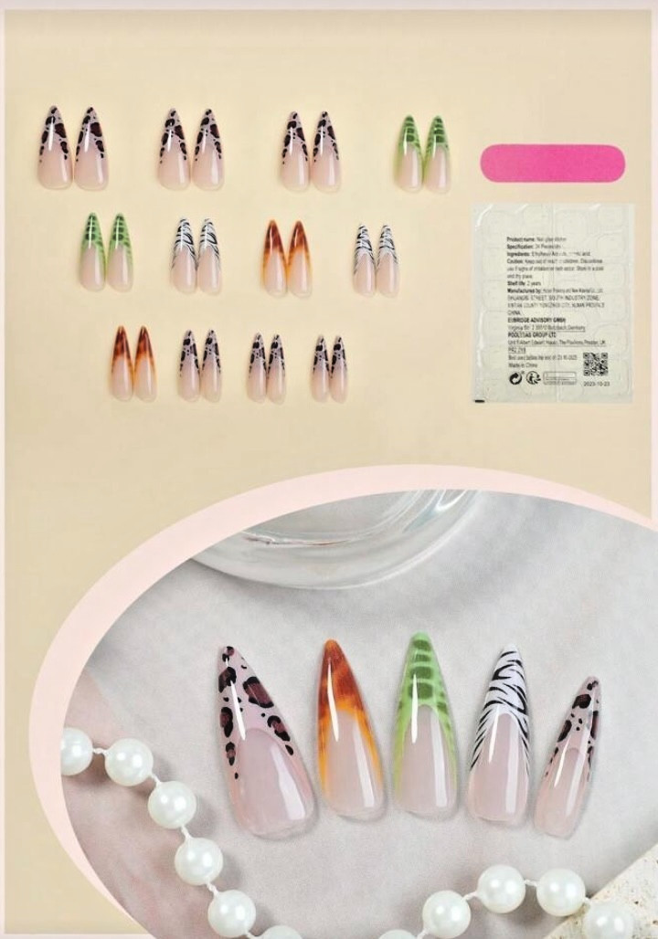 24pcs Long Animal Print Brown, Green, White French Manicure Press-On Nails New