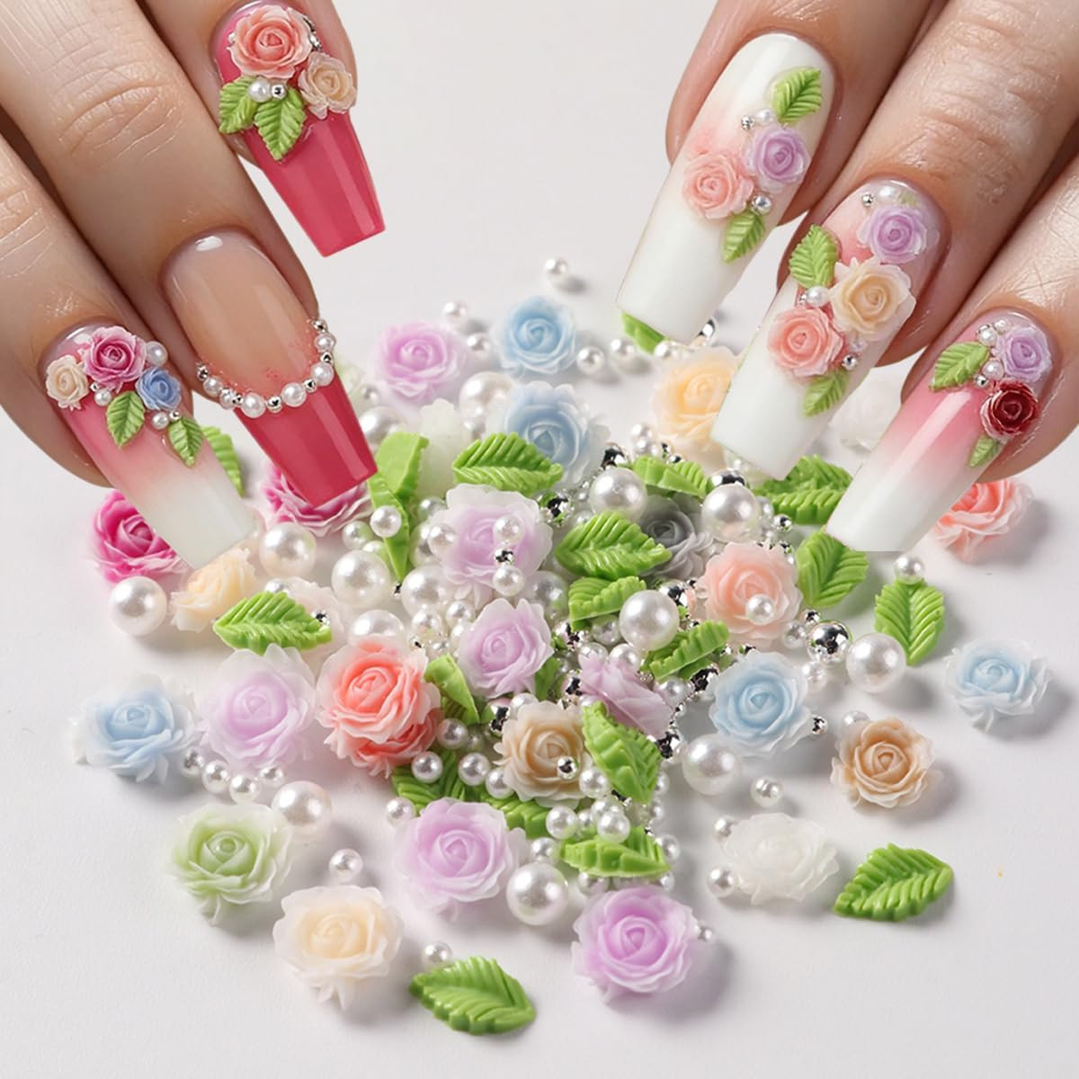 100Pcs Spring Resin Rose Nail Charms with Pearls Leaves 3D Floral Nail Art Charm