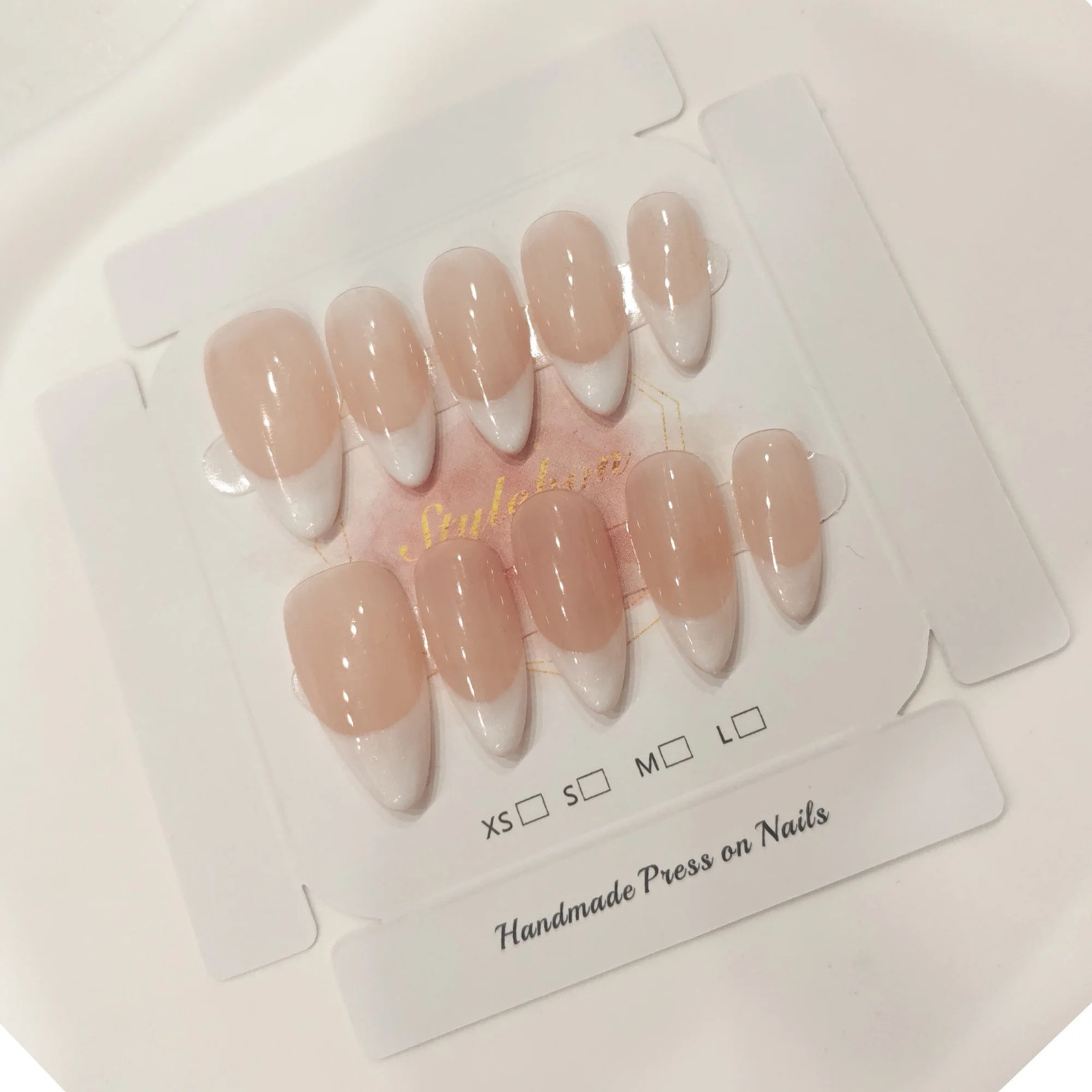 10pcs Handmade Press On Nails Classic French Almond Cat Eye Nude Full Coverage