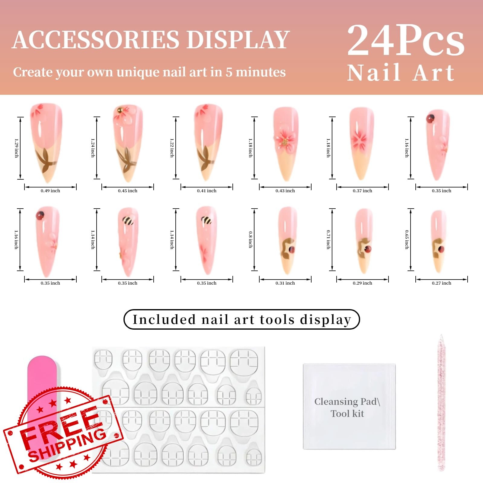 Tephrent Bee Ladybug 24pc Long Almond Nails