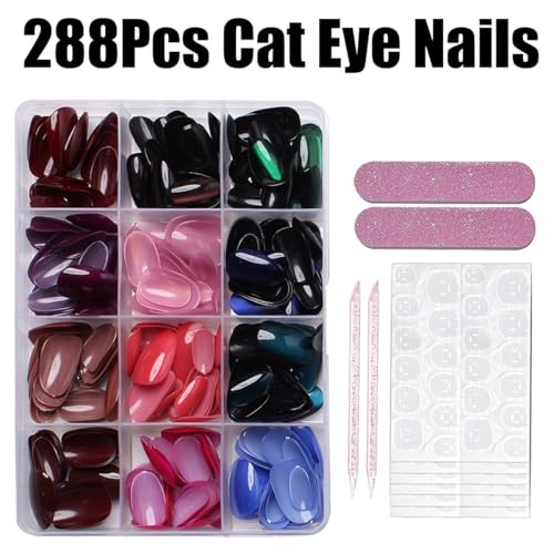 288Pcs Cat Eye Press on Nails Short Almond Fake Nails 12 Color Glitter Style 12