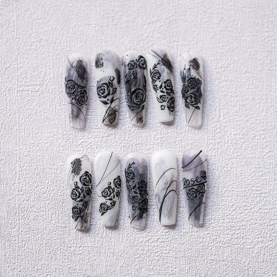 5D Black Rose Nail Stickers, Flower Nail Stickers, Embossed Nail Decal Art (269)