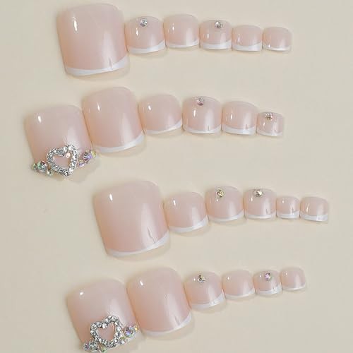 French Tip Press on Toenails for Women White Square Toe Nail Press ons Classy