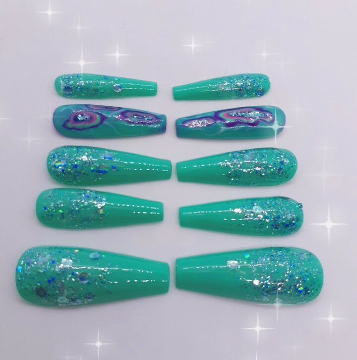 Purple Glitter Turquoise Teal Spring Wedding Prom Geology Nails- clearance