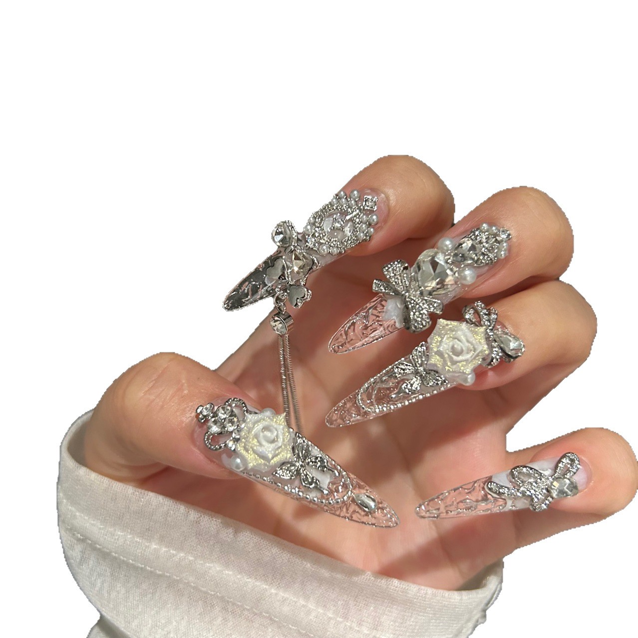 Ruoxue Handmade Luxury Ice Fragment Press On Nails White