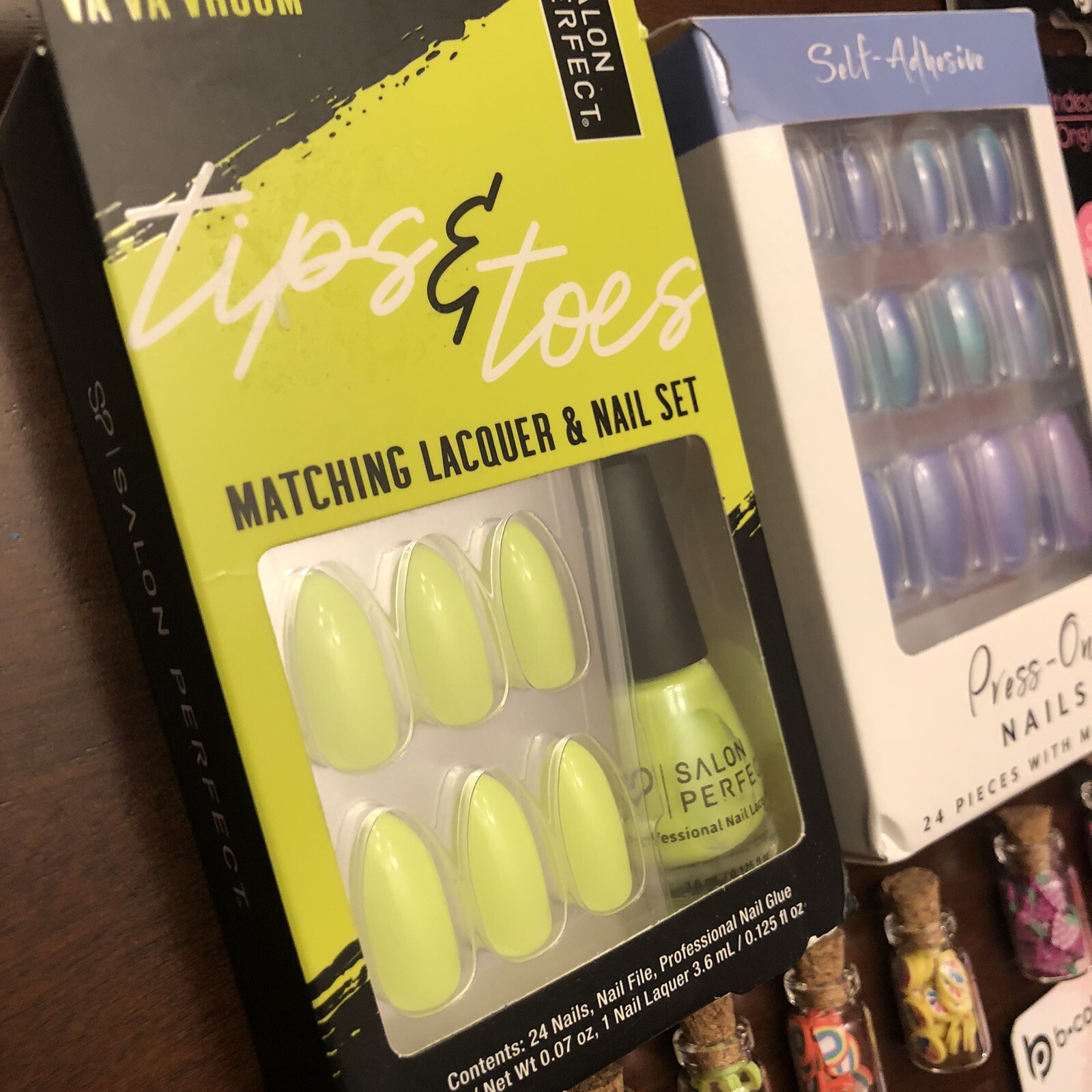 NAIL ART LOT 4X PRESS ON NAILS Adhesive Gems Food Miniatures Acrylic Jewels Jars