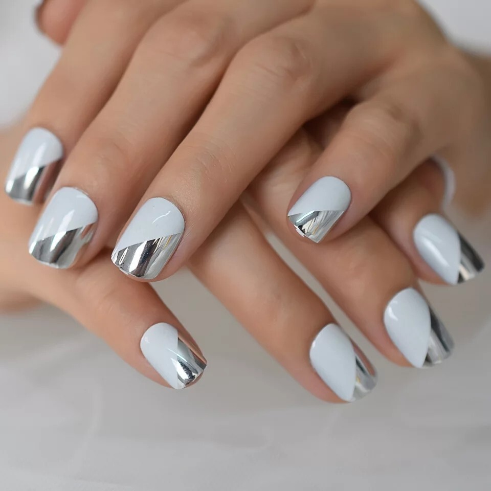 24 Short Silver White chrome Press on nails set with glue shiny metallic mirror