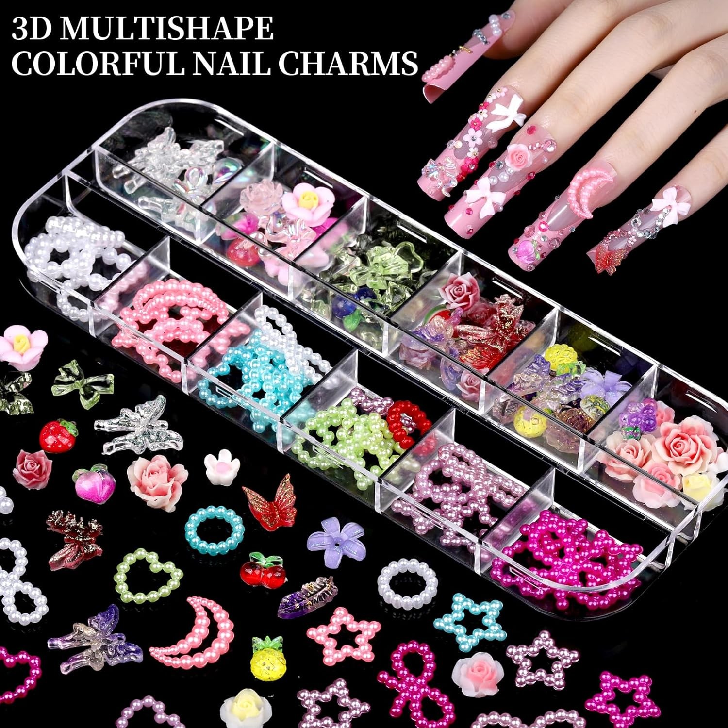 8-Box Nail Charms Set, 3D Flowers, Fruit Gems, Pearls & Rhinestones DIY Kit