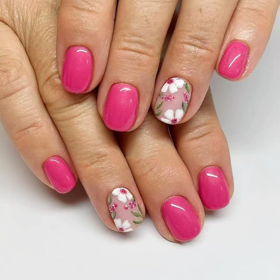 2 Packs 48Pcs Flowers Press on Nails Short Square Fake Nails Pink Floral Fals…