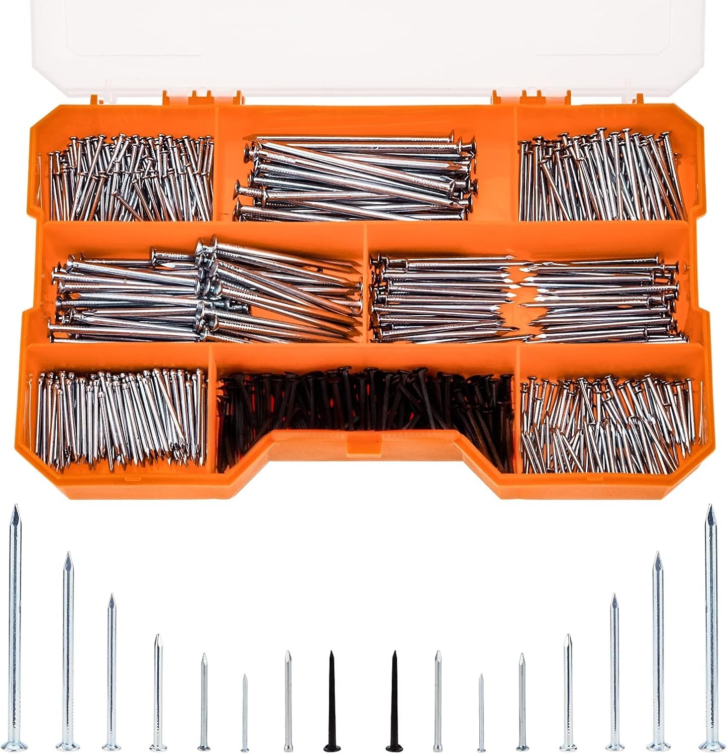 Complete Nail Assortment with 1080 Pieces in Clear Storage Box for Easy Access