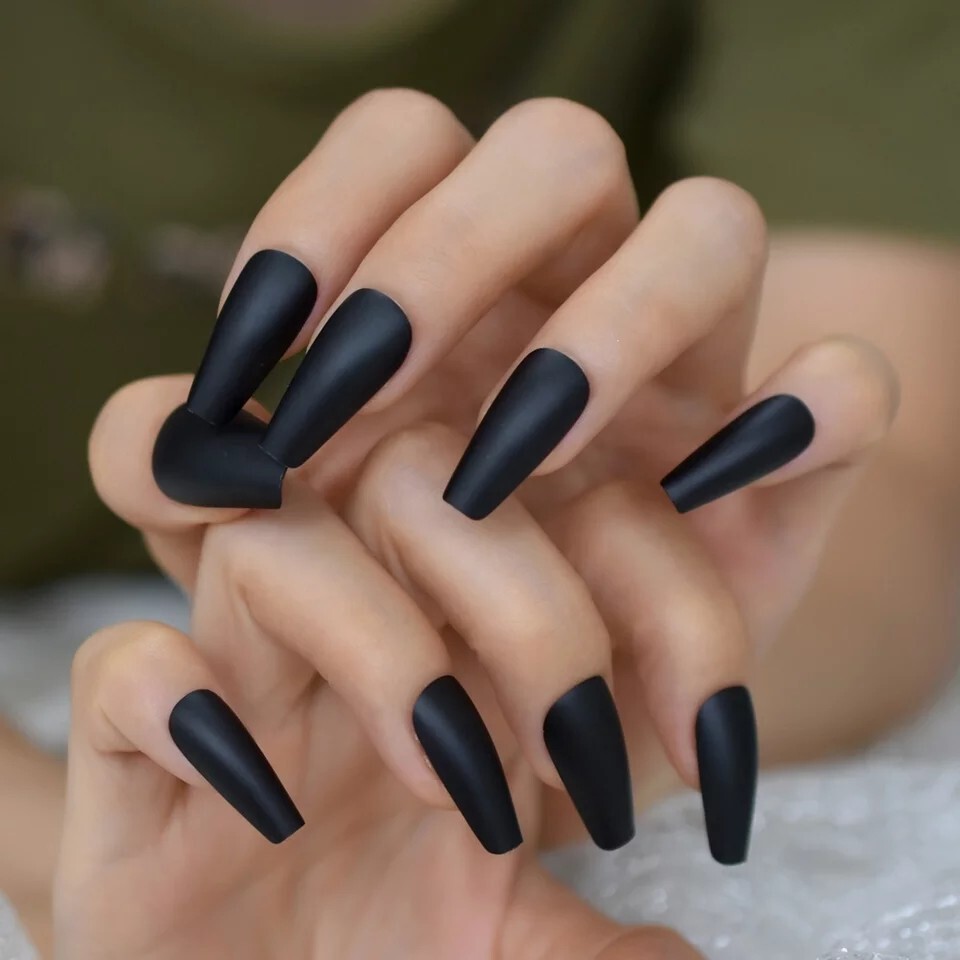 24 Matte Black Press on nails kit new glue goth edgy long coffin
