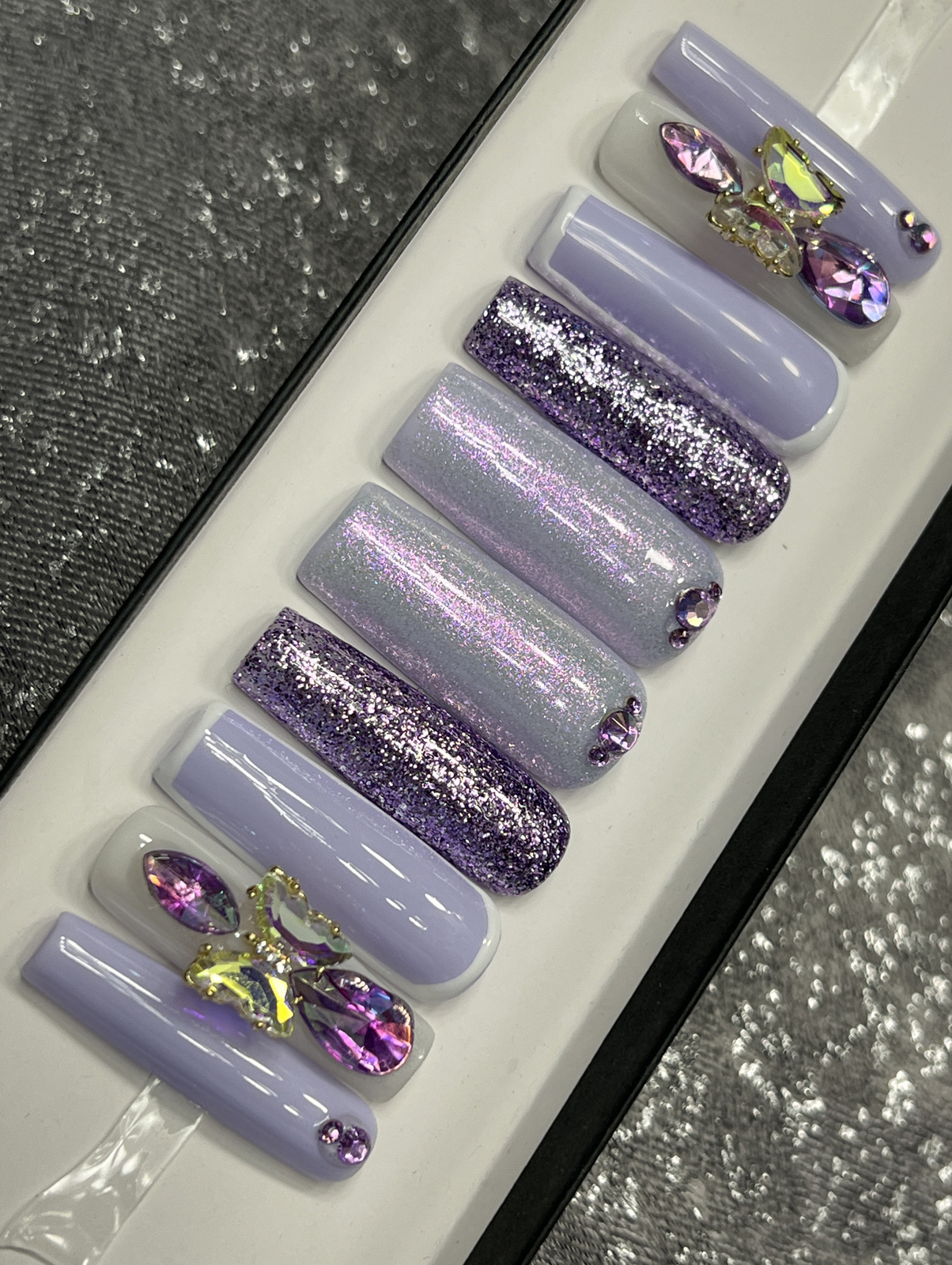 🖤 CUSTOM Gel Press On Nails, HEART BLING , 10p set FULL SET W Kit LONG SQUARE
