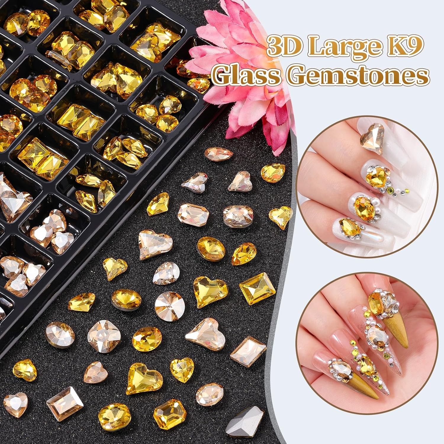 104PCS Glass Nail Gems, 3D Champagne Gold Nail Art Rhinestones for Women