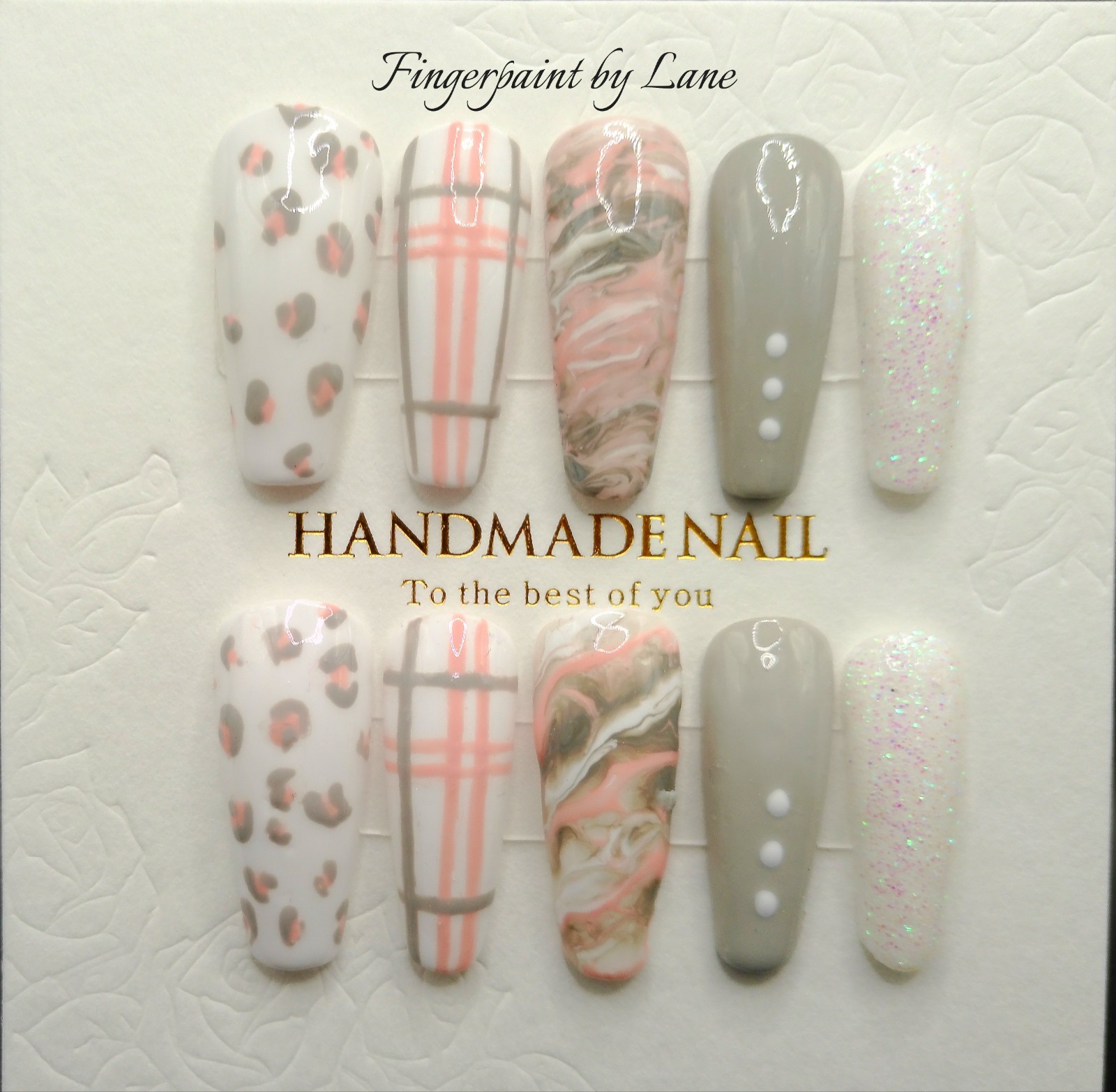 Peach, White and Gray Medium Coffin Gel Press-on Nails, Large Size – Handmade