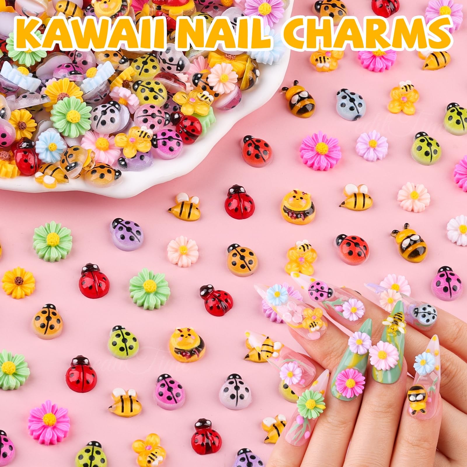 250Pcs Ladybug Nail Charms, Tiny Bee Nail Art Charms Resin Cartoon Daisy Flow…