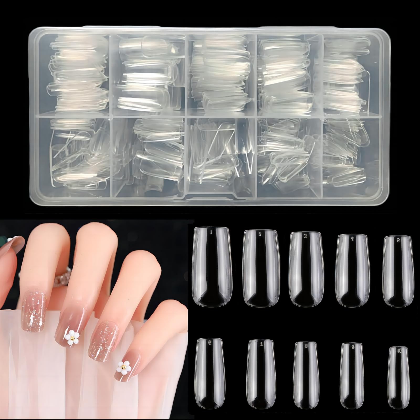 1000Pcs Gel x Nail Tips Almond & Square Medium Nails Set,10 Size Clear Press …