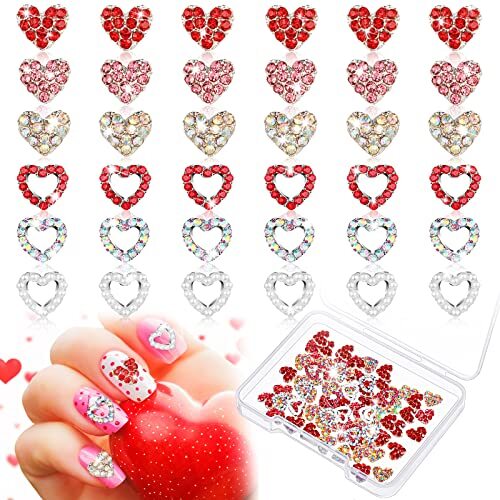 60 Pieces Valentines Day 3D Heart Nail Charms Heart Nail Rhinestone Novel Style