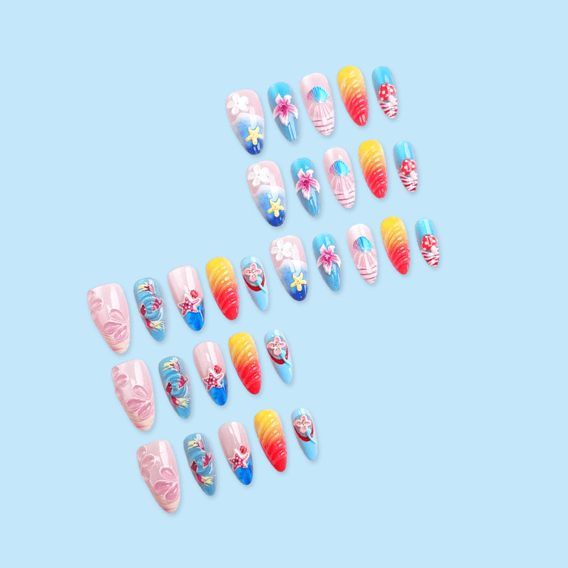 48P Short Almond Press on Nails, Ocean Shell Starfish 3D Summer Fake Nails