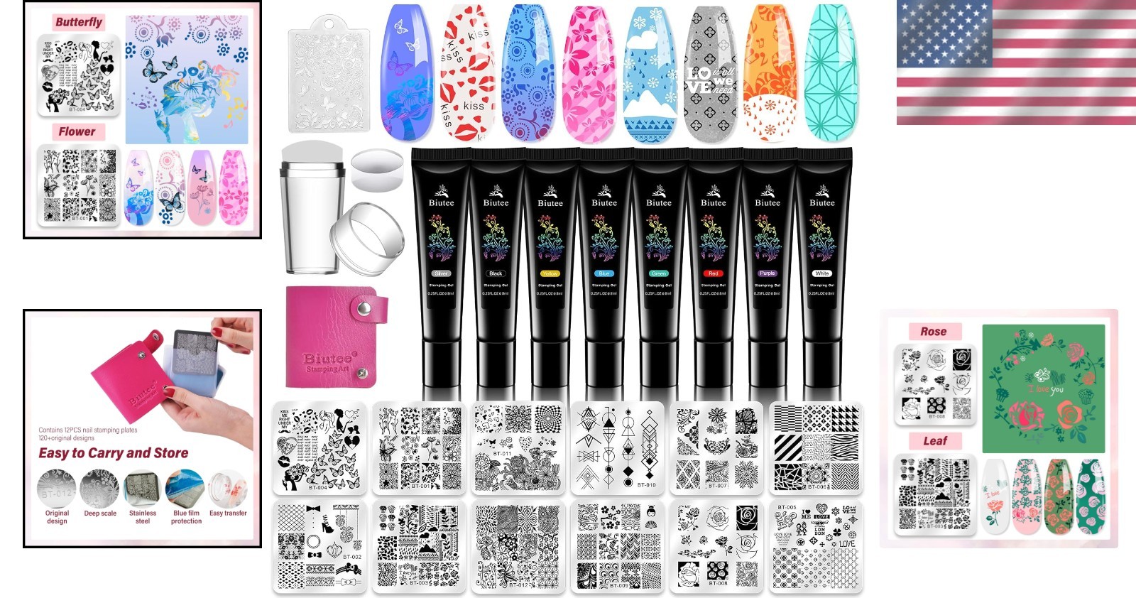 Deluxe Nail Stamping Kit – 12 Plates, 8 Gel Colors, Stamper