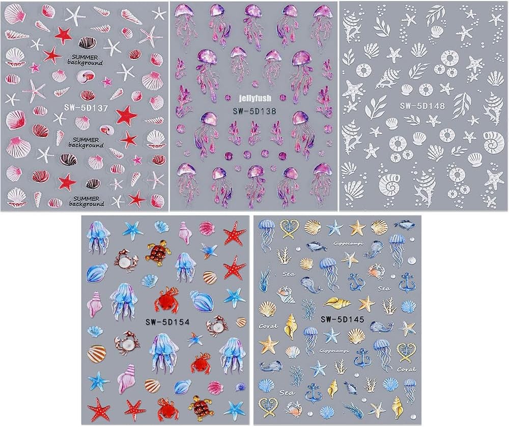 5D Embossed Ocean Nail Stickers – Summer Decals With Shell, Colorful