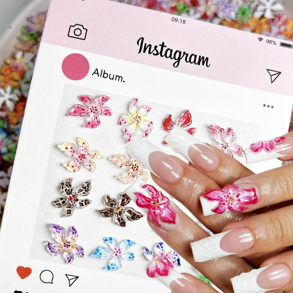 50Pcs 3D Flowers Nail Charm for Nails Flower Resin Nail Rhinestones Spring Hibis