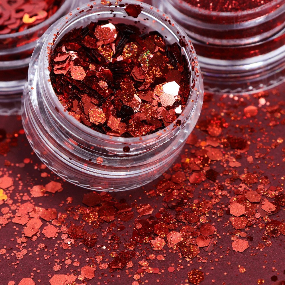 6 Pots Red Nail Art Powder Sequins Set for Valentine’s Day Glitter Flakes DIY De