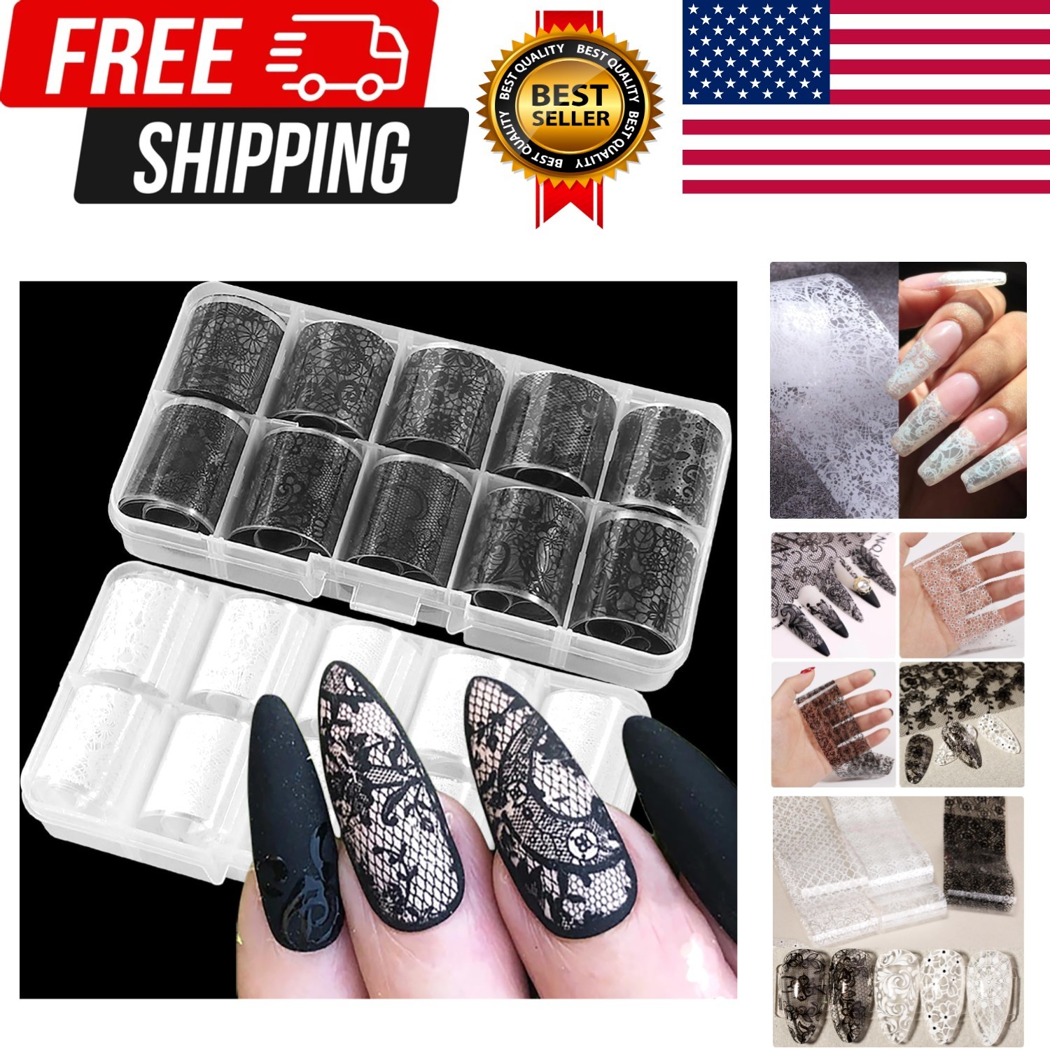 20 Rolls Lace Nail Foil White and Black Nail Transfer Foil Flower Nail Art Fo…
