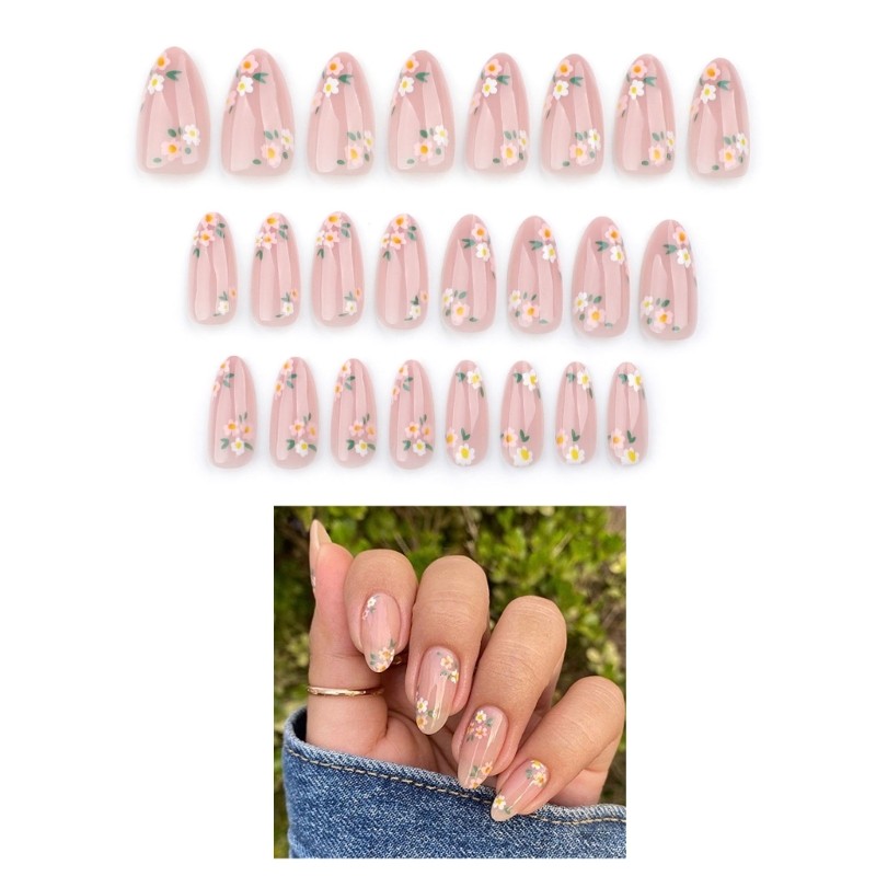 24 Pcs Lovely Flowers False Nail Sweet Press On Nail Almond Shape Acrylic Nail