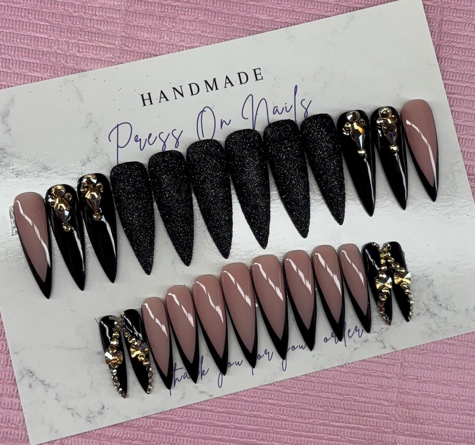Extra long stiletto press on nails black deep v French tip rhinestones glitter