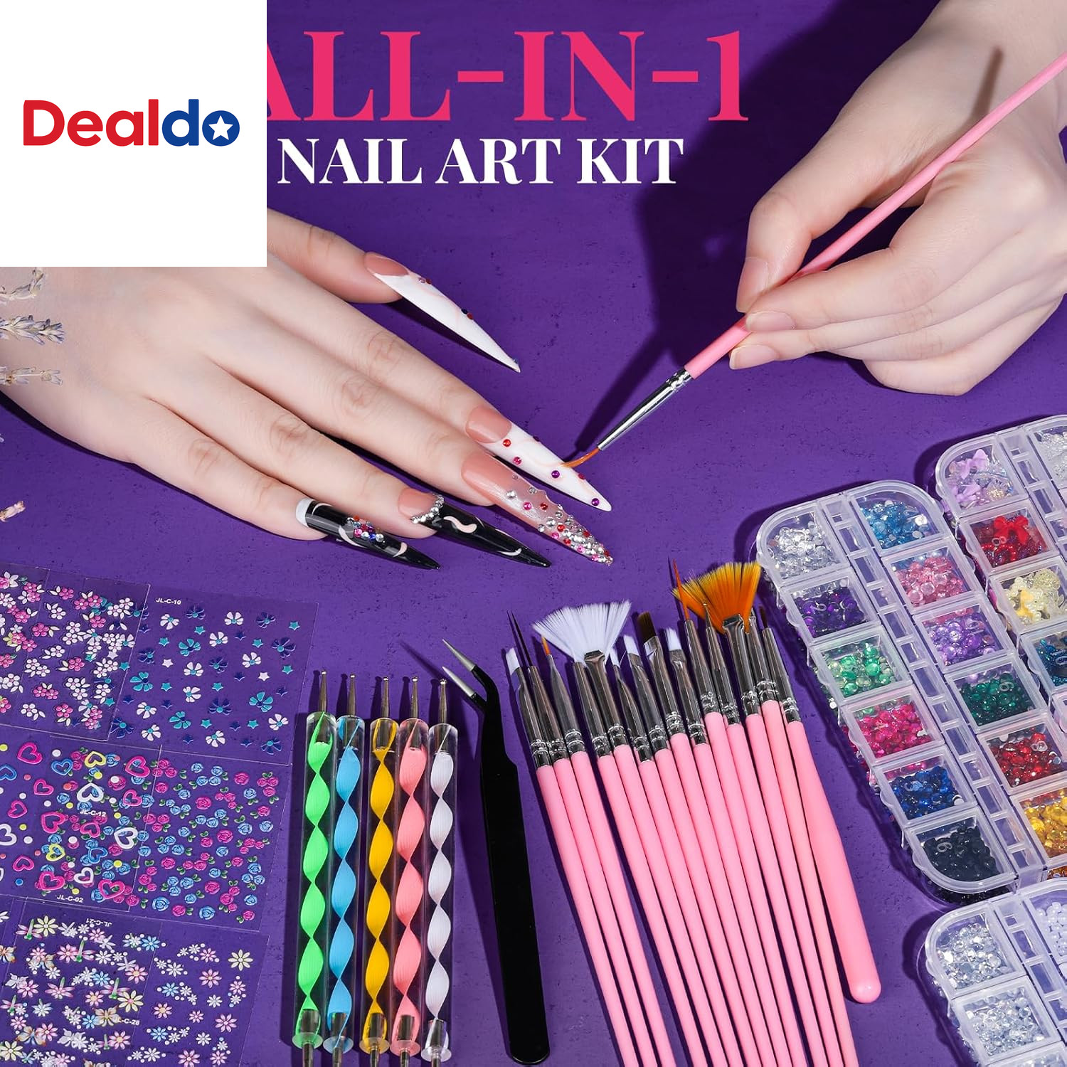 Nail Charms and Nail Brushes, Nail Accessories Kit with 15 Pcs Nail Art Brushes,
