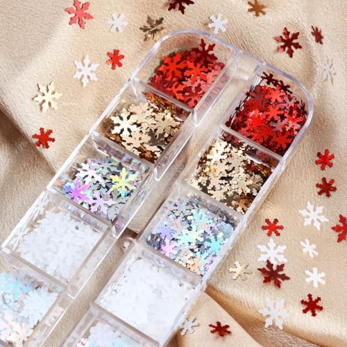 Christmas Snowflake Glitter Nail Sequins, 12 Grids 3D Colorful Mixed Color A