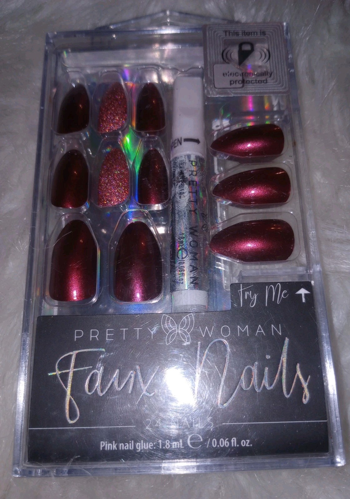 24 Nails Burgundy Press on Faux Fake False Fingernail Pretty Woman Glue Glitter