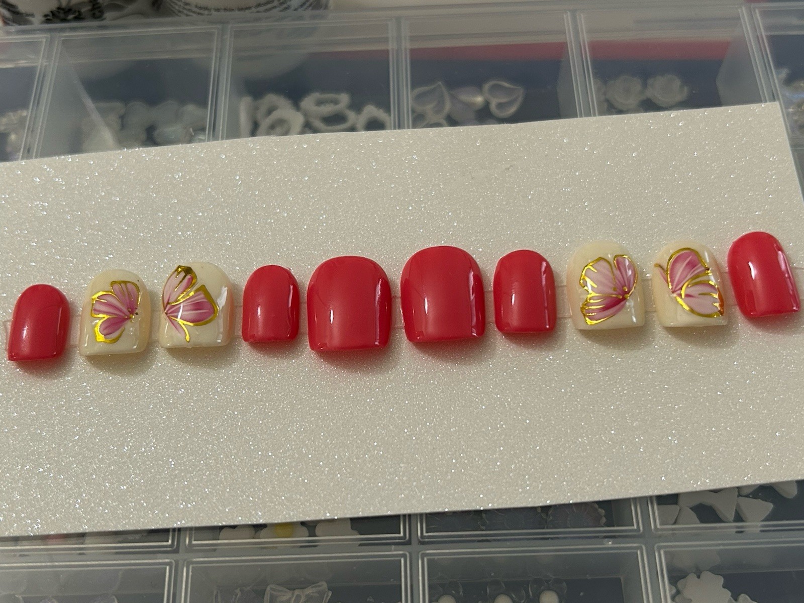 ✨Beautiful Summer Design Handmade Gel Press On Nails Coral Pink Square Short ✨