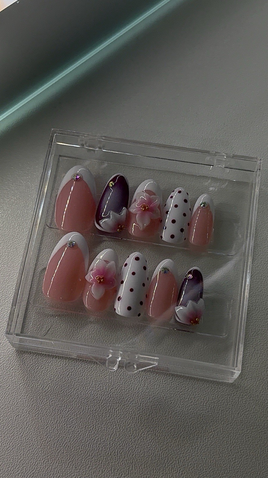 Medium Almond Press-On Nails Pink White Purple French 3D Floral Polka Dot