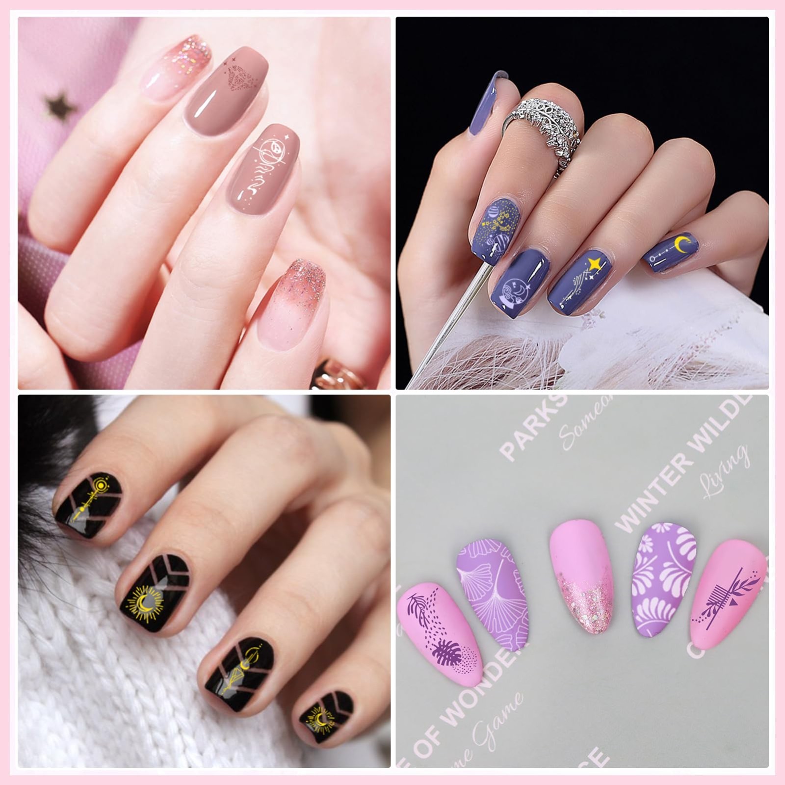 4PCS Nail Stamping Plates Set with Stamper & Scraper – French Lace, Space, Anima