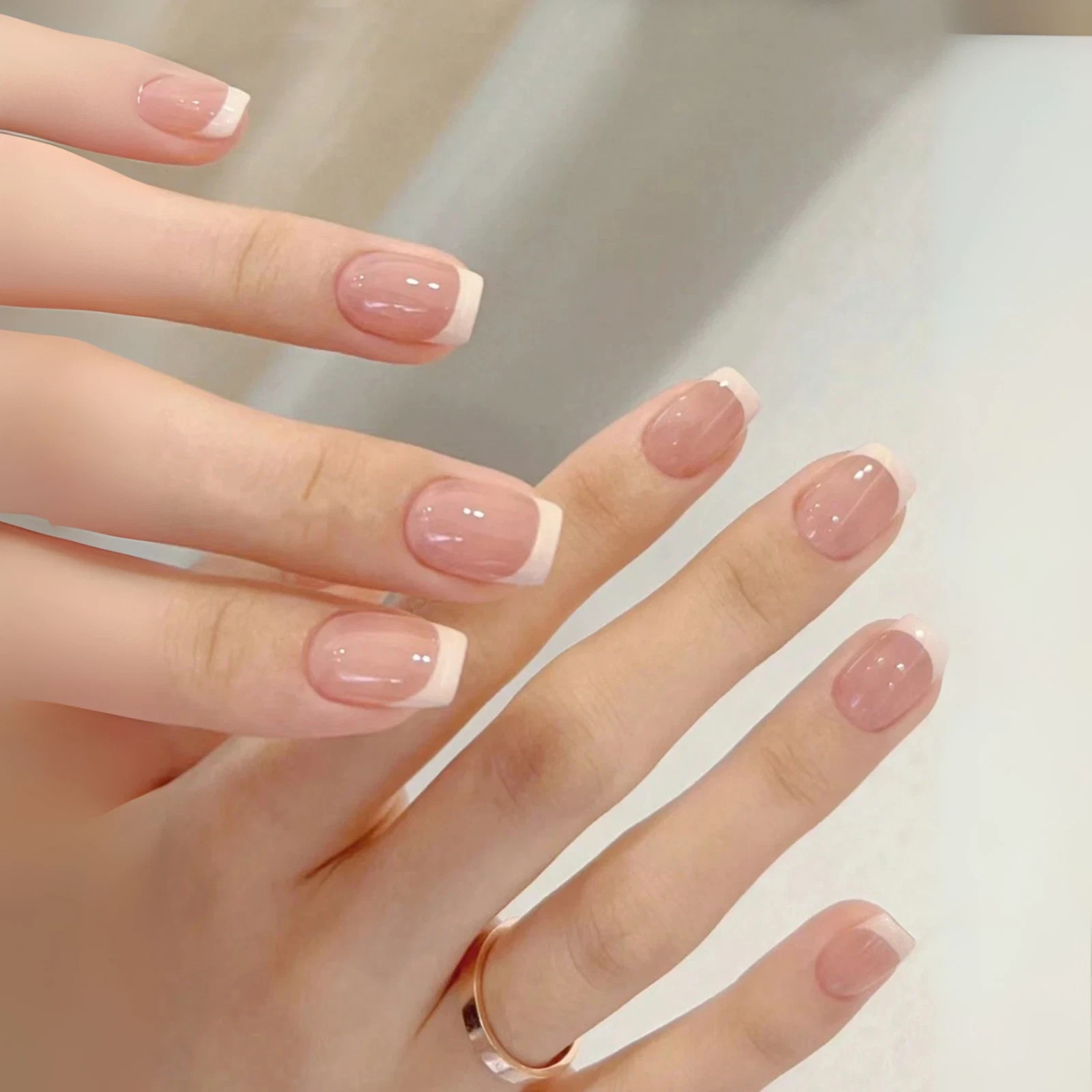 24pcs Short Square Press Fake Nails with Color Block Print Jelly Glue and File