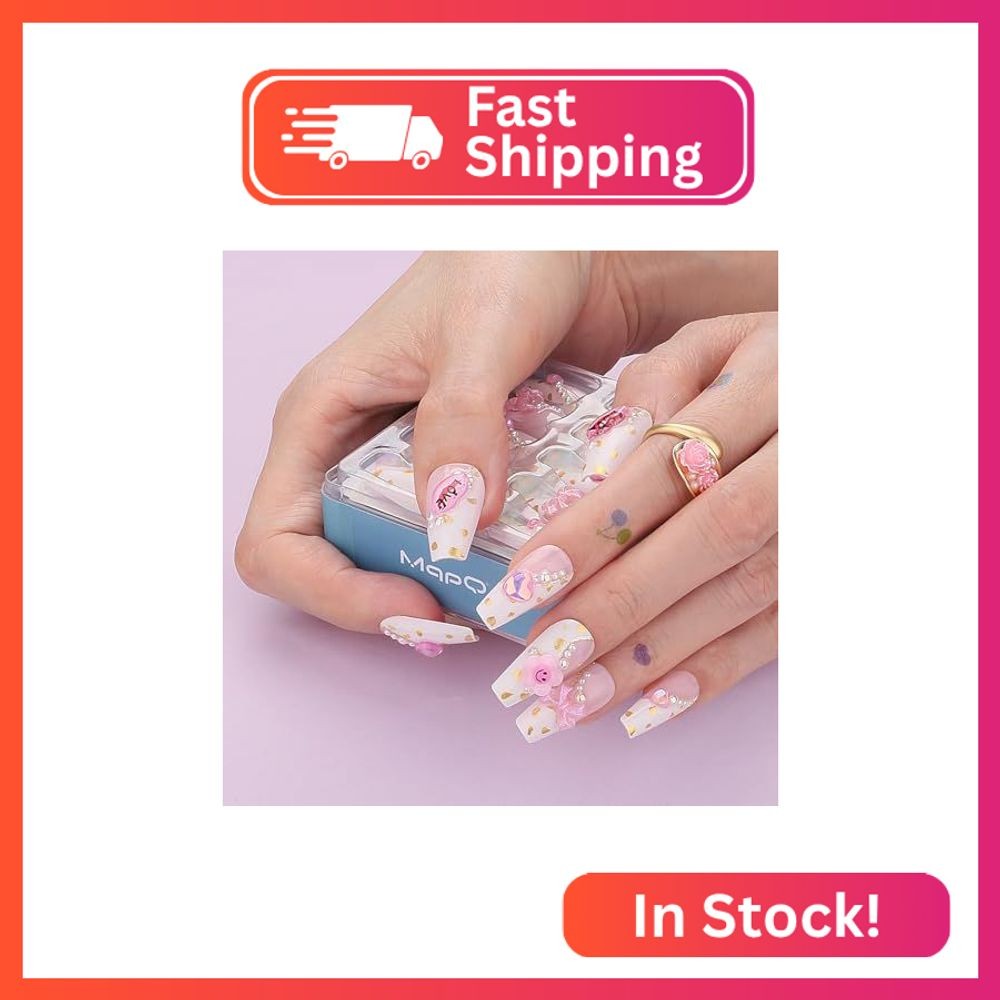Medium Coffin Pink French Gold Flake Bow Heart Lip Press Nails