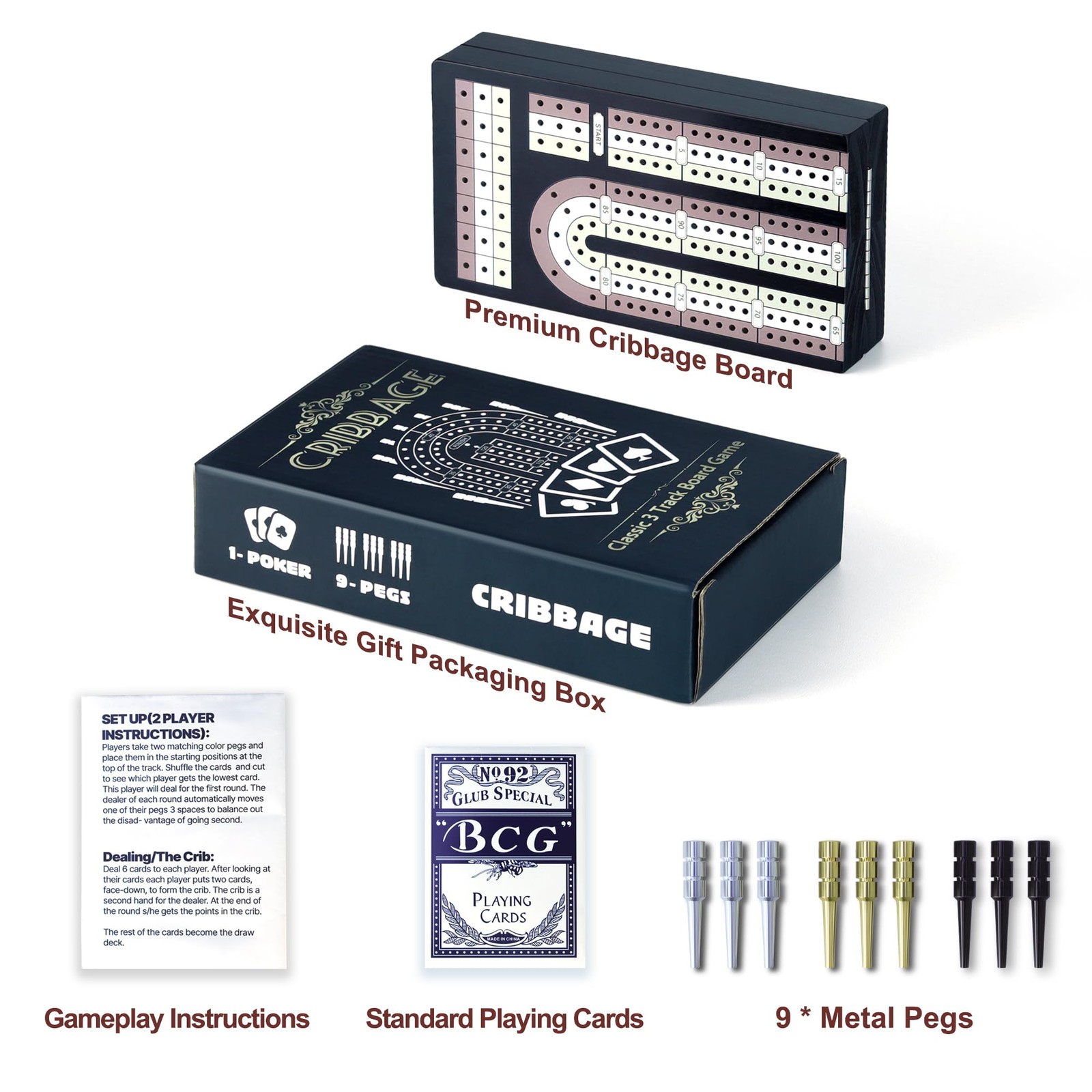 Cribbage Board Game Set – Wooden Foldable 3-Track 4.3 x 7.67 inches