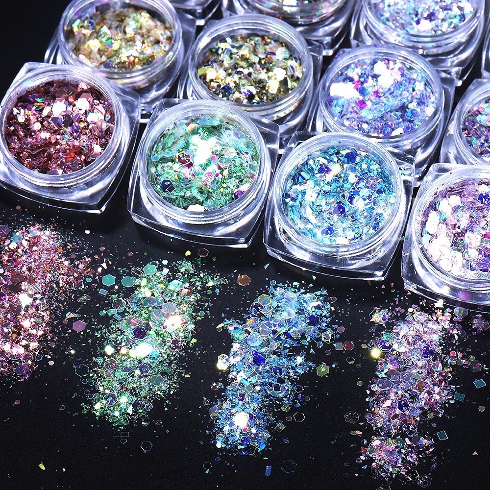 6PCS Chrome Mirror Nail Powder Set Gold Silver Holographic Aurora Pigment