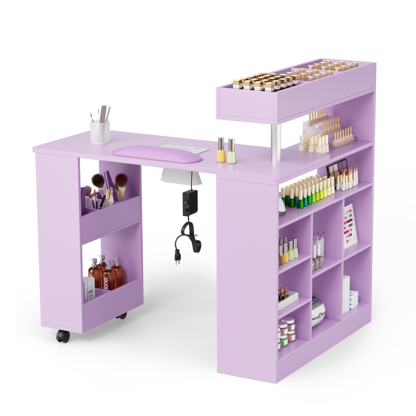 L Shaped Manicure Table with Wrist Rest & 180° Swivel Desktop and Dust Collector