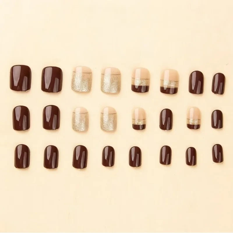 24PCS Gold/Brown Glitter French Press-On Nails w/ Rhinestones – Party Glam