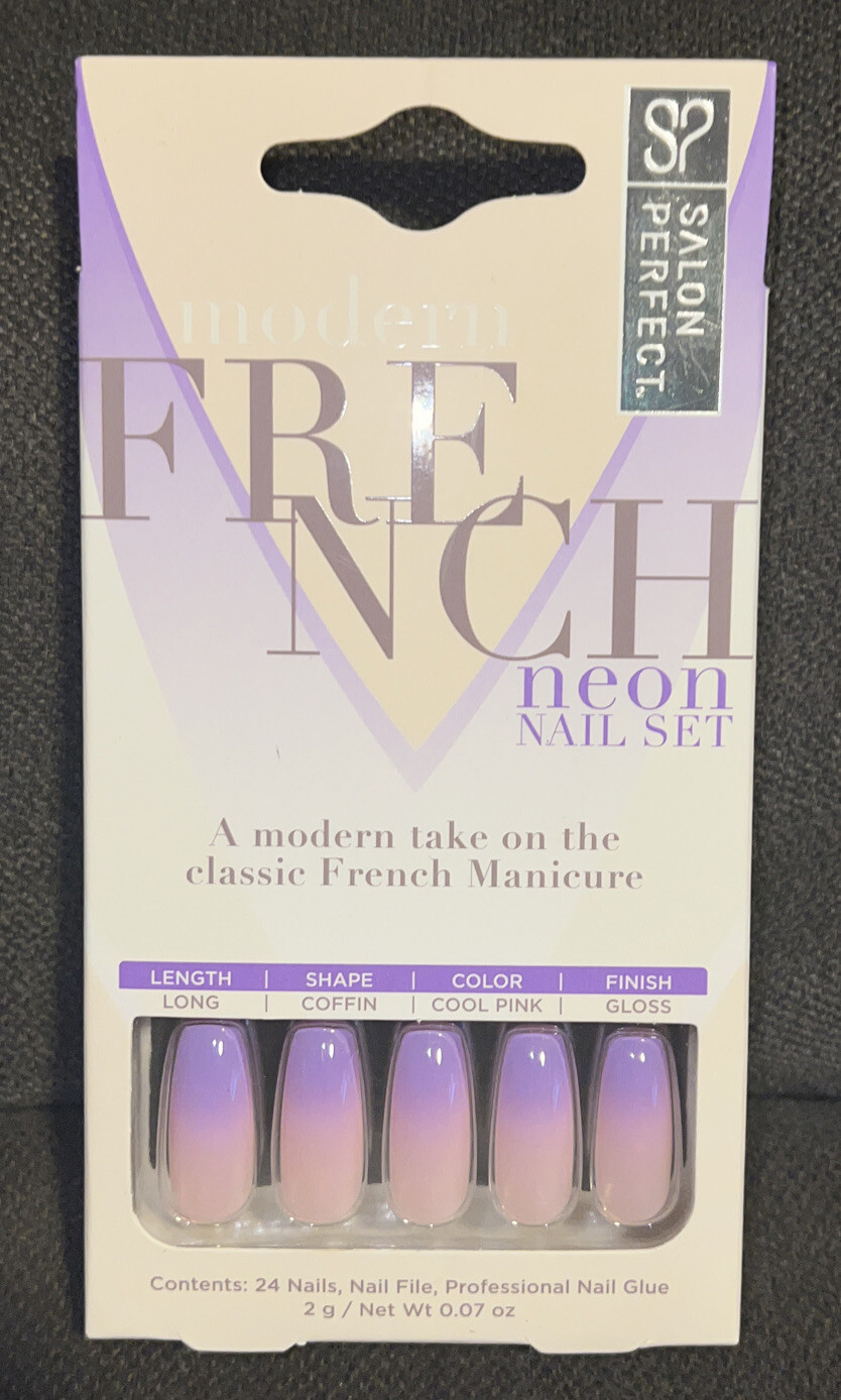 Salon Perfect Modern Neon Purple Ombre French Tip Design Long Coffin Shape Nails