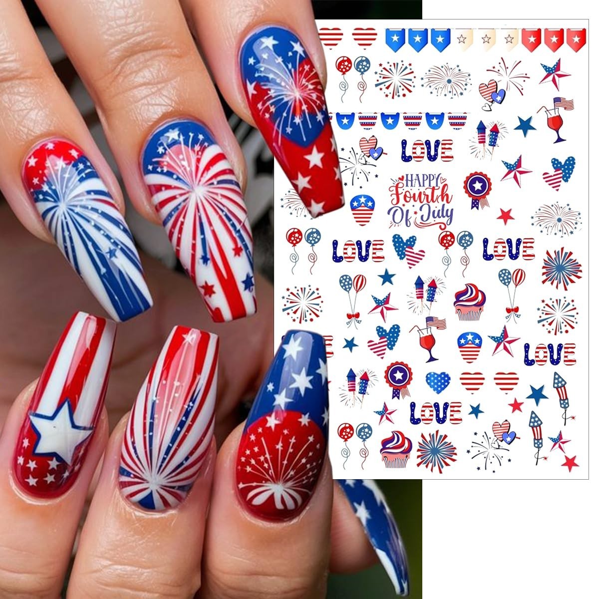 4th of July Nail Stickers – 6 Sheets 3D Self-Adhesive American Flag Decals, Fire