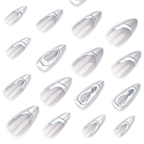 Silver Press on Nails Medium Almond Fake Nails 3D French Tips False H-29Silver