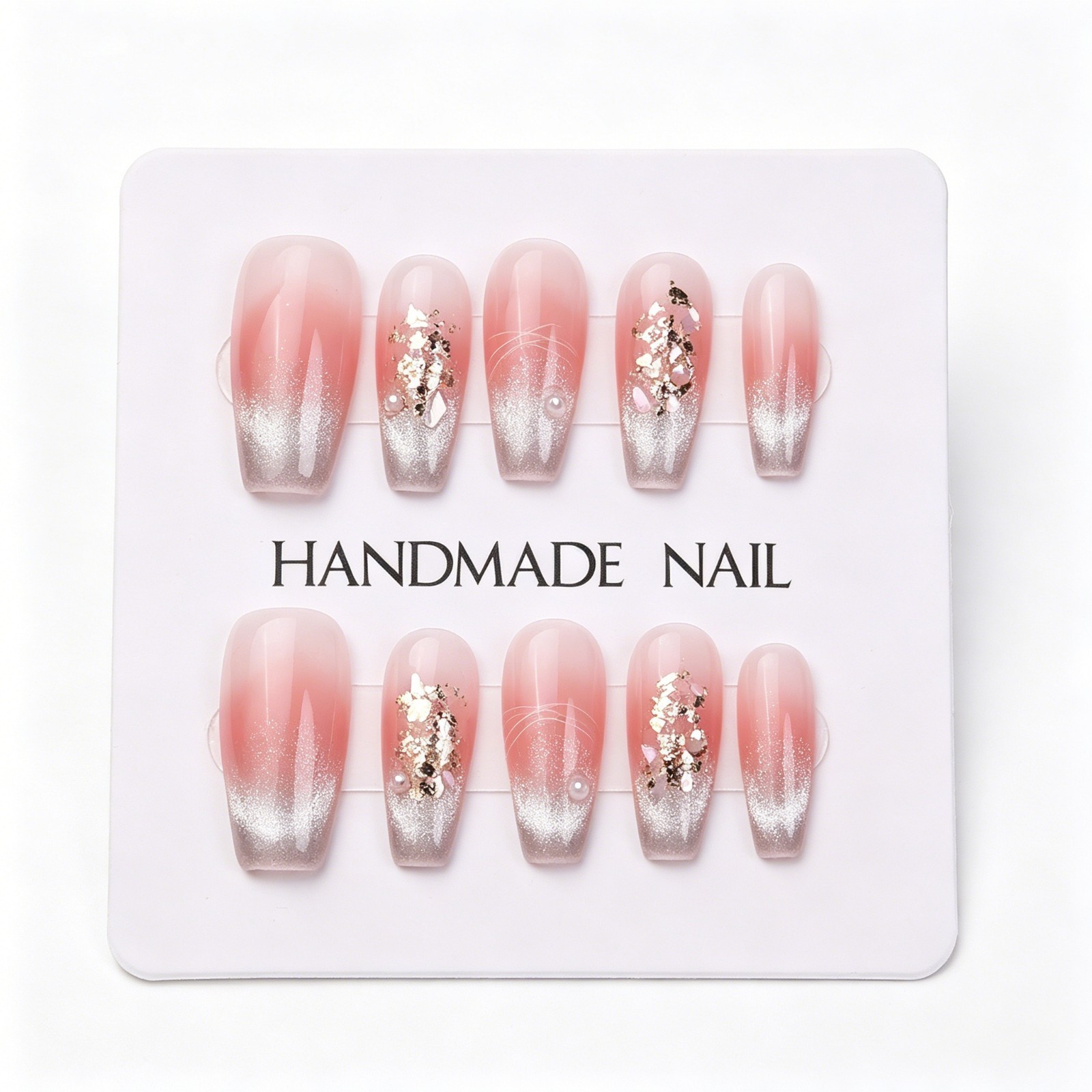 Blush Gradient Cat Eye Coffin Nails Gold Foil Glitter Press On False Nails Brida