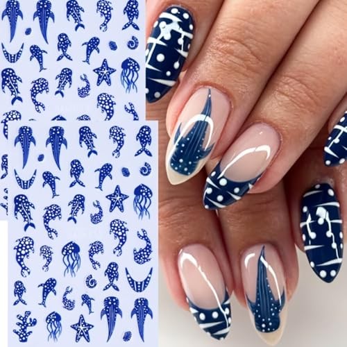 Summer Ocean Life Nail Art Sticker Decal 2Pcs 5D French Blue Polka Dot Fish