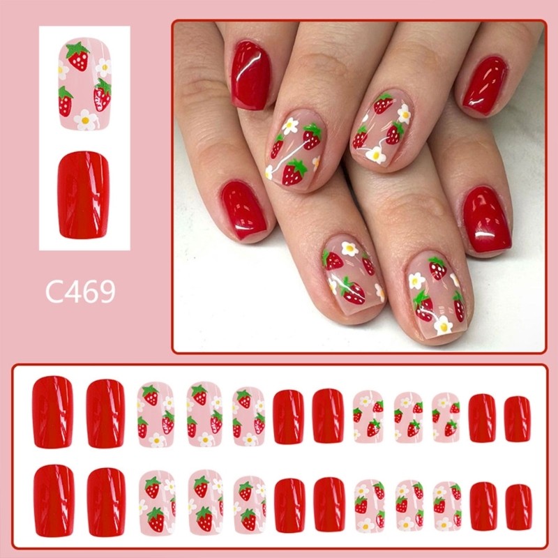 24x/Box Lovely Strawberry False Nails Short Press On Nails Full Cover Nail Tips