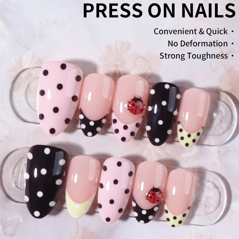24Pcs Set French Tip Press On Nails Short Oval 3D Gel Flower Ladybug Polka Dot