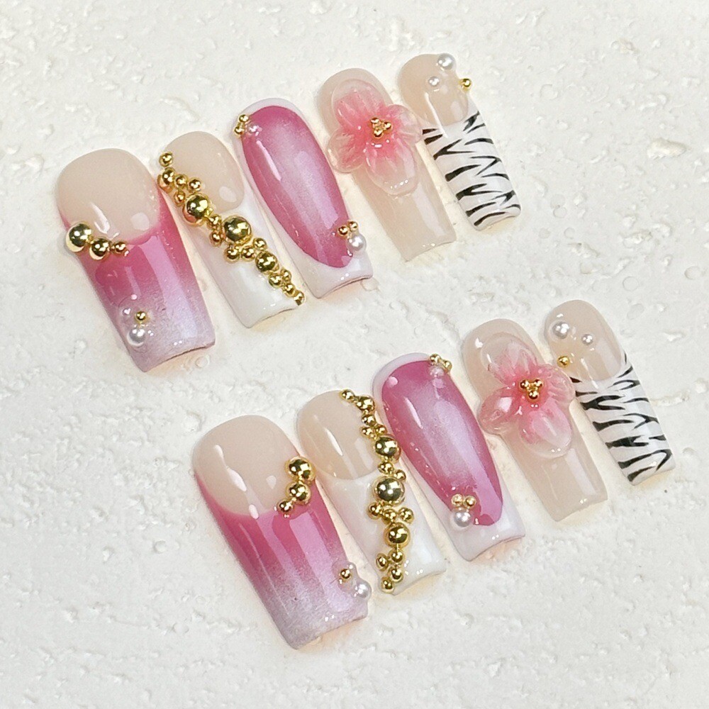 Handmade Pink Coffin Press-On Nails – Floral, Gold & Zebra